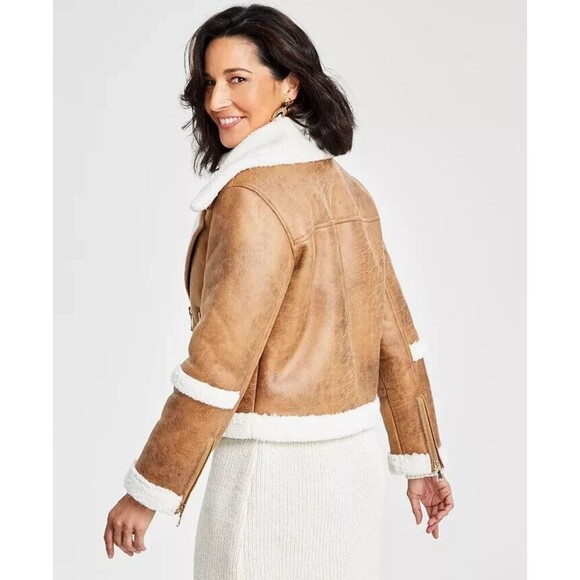 I.N.C. International Concepts Women's Cropped Faux-Leather Aviator Jacket Tan XL - Picture 3 of 10